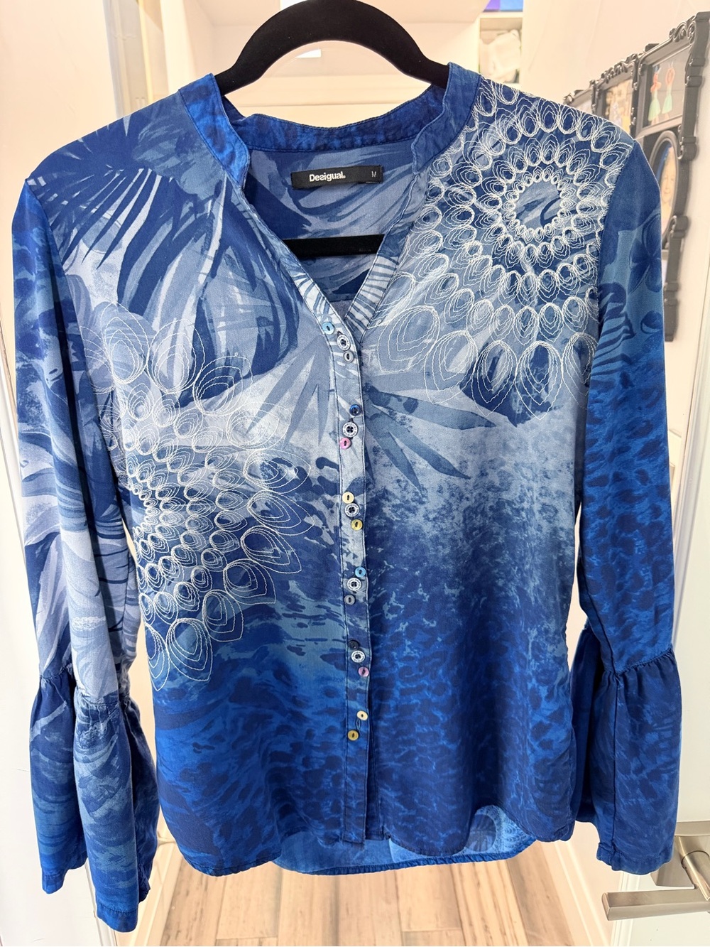 Desigual Blue Multi-Pattern Button-Front Blouse